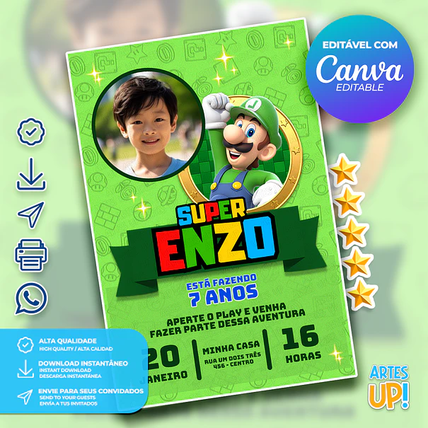 Invitación de cumpleaños de Luigi Super Mario con foto 1