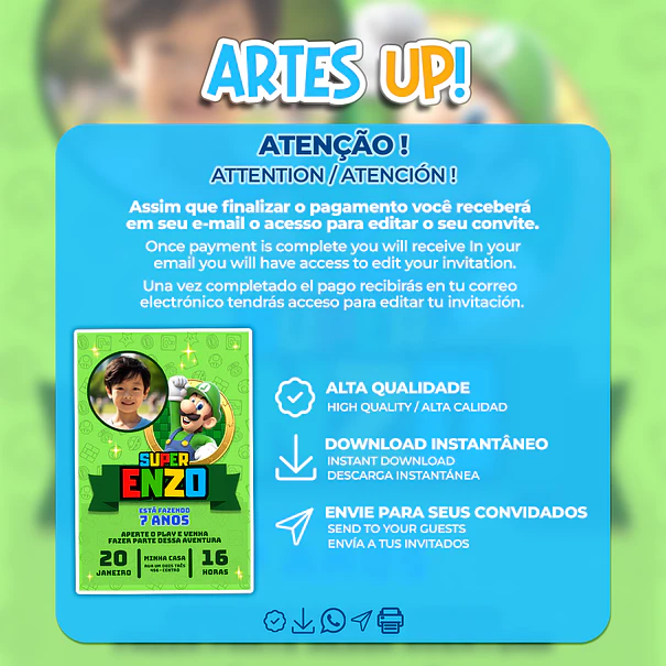 Invitación de cumpleaños de Luigi Super Mario con foto 2