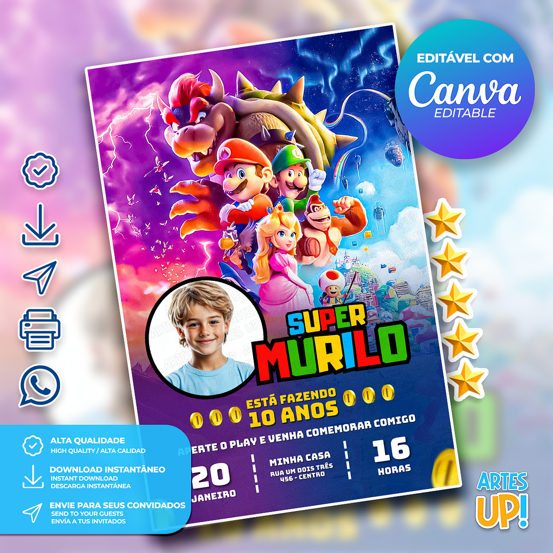 Convite de Aniversário Super Mario Bros com foto 1