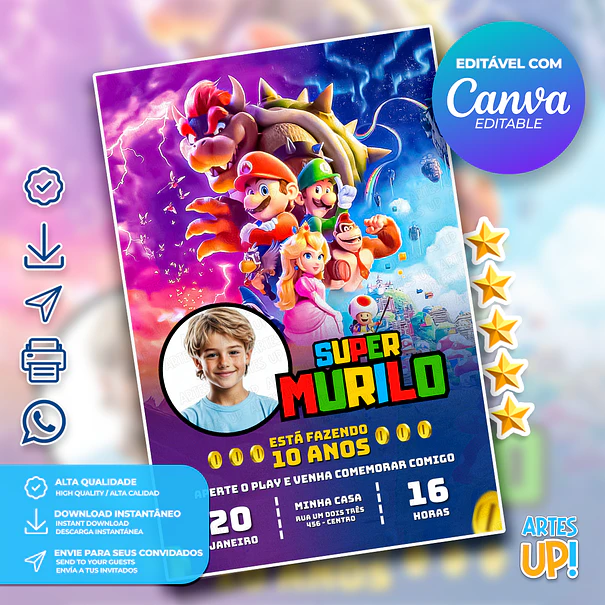 Convite de Aniversário Super Mario Bros com foto 1