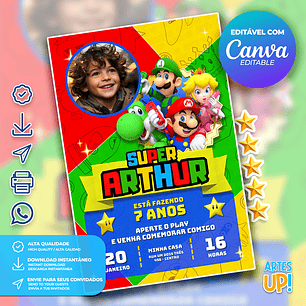 Convite de Aniversário Super Mario Bros com foto