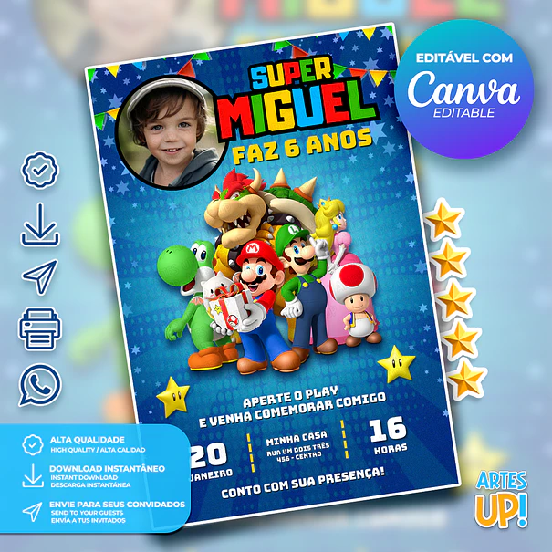 Invitación de cumpleaños de Super Mario Bros con foto 1