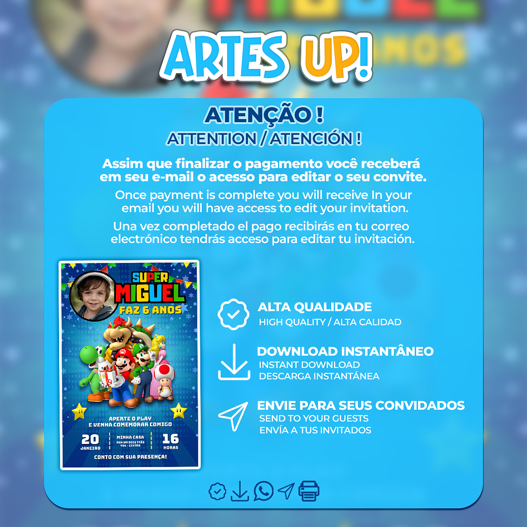 Convite de Aniversário Super Mario Bros com foto 2
