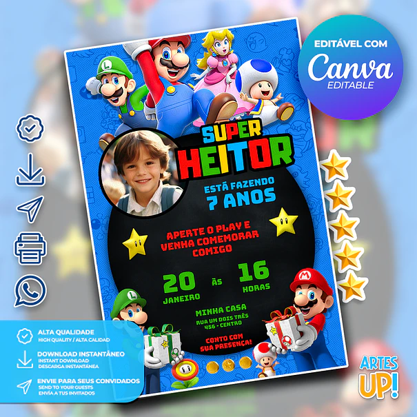 Convite de Aniversário Super Mario Bros com foto 1