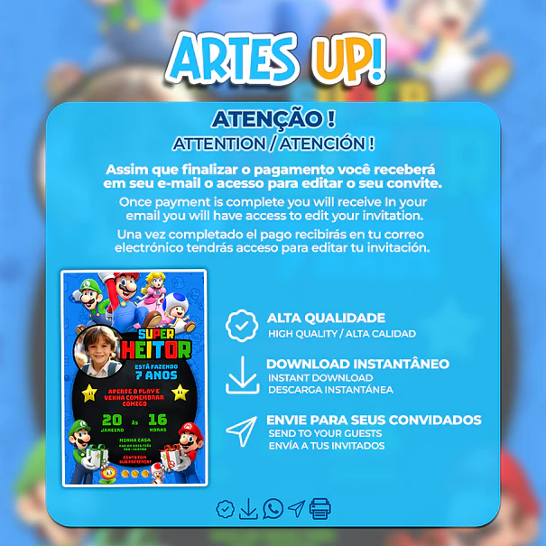 Convite de Aniversário Super Mario Bros com foto 2