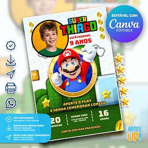 Convite de Aniversário Super Mario Bros com foto