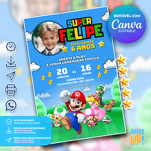 Convite de Aniversário Super Mario Bros com foto