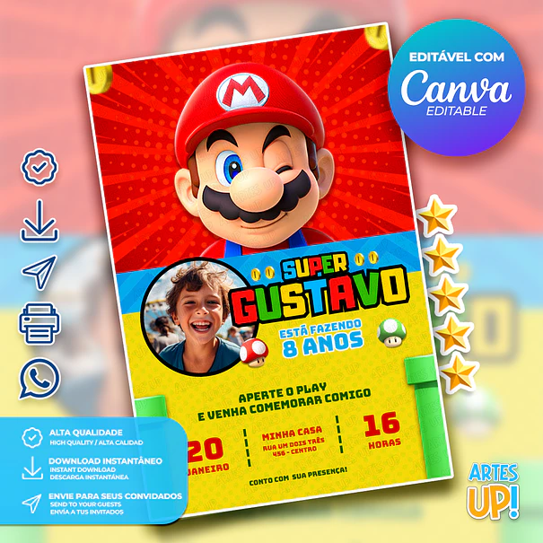 Convite de Aniversário Super Mario Bros com foto 1