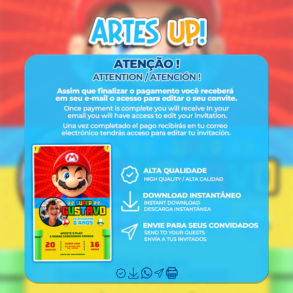 Convite de Aniversário Super Mario Bros com foto 2