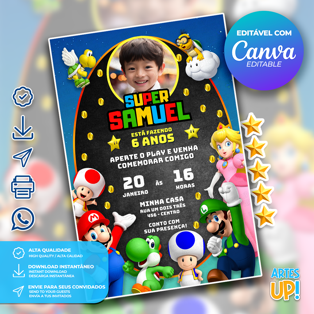 Convite de Aniversário Super Mario Bros com foto 1