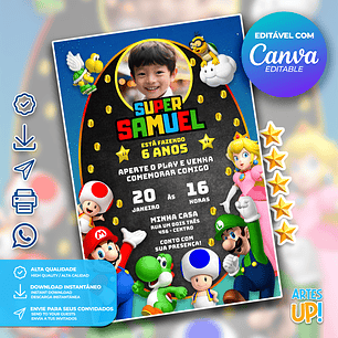 Convite de Aniversário Super Mario Bros com foto