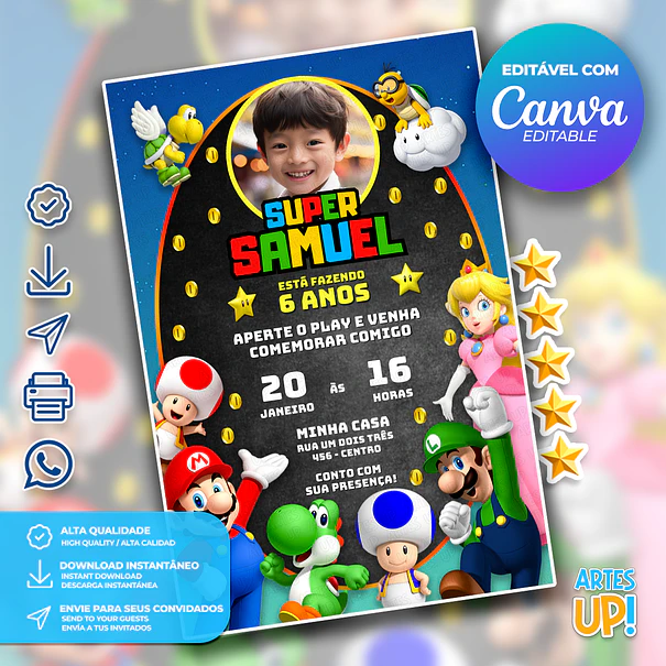 Convite de Aniversário Super Mario Bros com foto 1