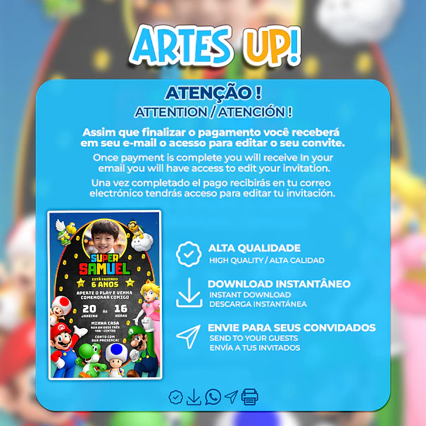 Convite de Aniversário Super Mario Bros com foto 2