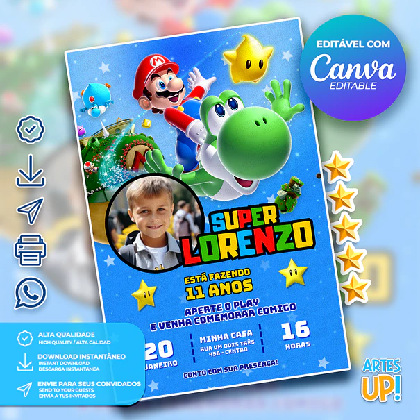 Convite de Aniversário Super Mario Bros com foto 1