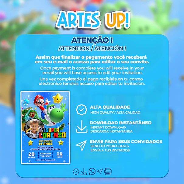 Convite de Aniversário Super Mario Bros com foto 2