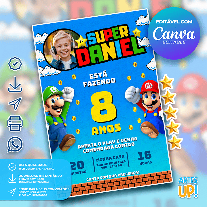 Convite de Aniversário Super Mario Bros com foto 1