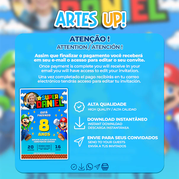 Convite de Aniversário Super Mario Bros com foto 2
