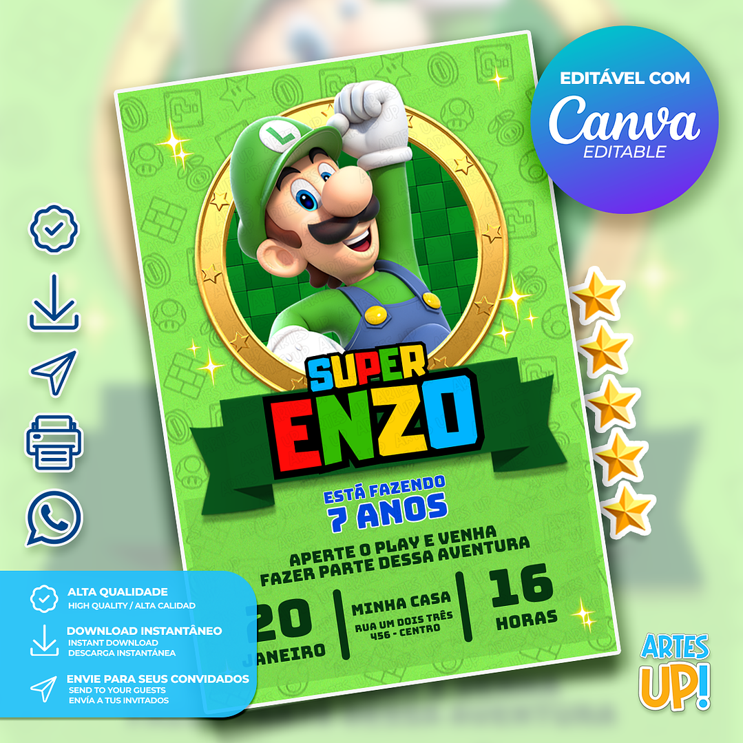 Convite de Aniversário Luigi Super Mario  1