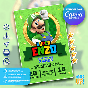 Convite de Aniversário Luigi Super Mario 