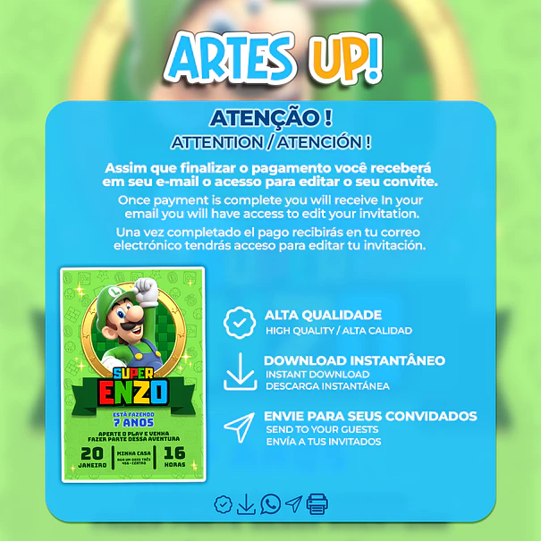 Invitación de cumpleaños de Luigi Super Mario  2
