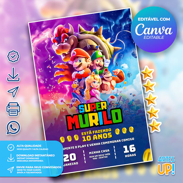 Convite de Aniversário Super Mario Bros 1