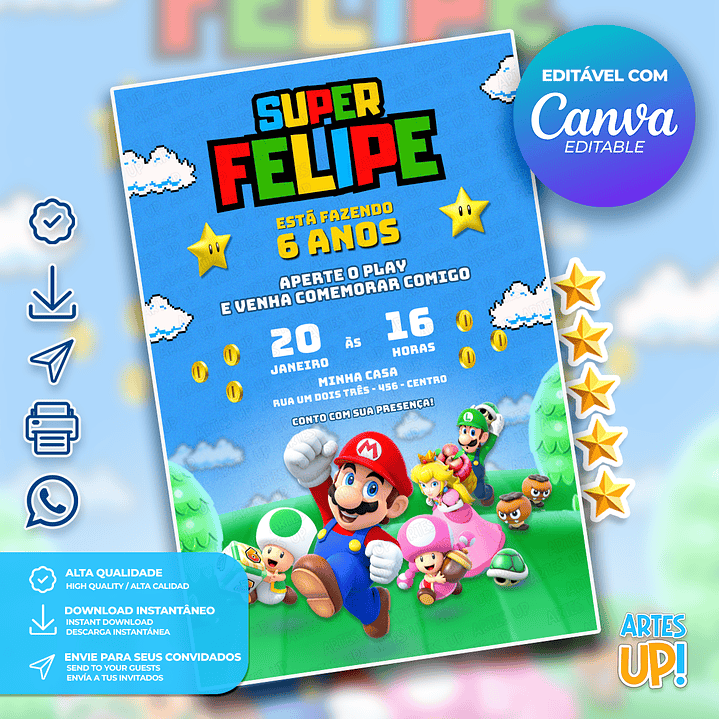 Convite de Aniversário Super Mario Bros 1