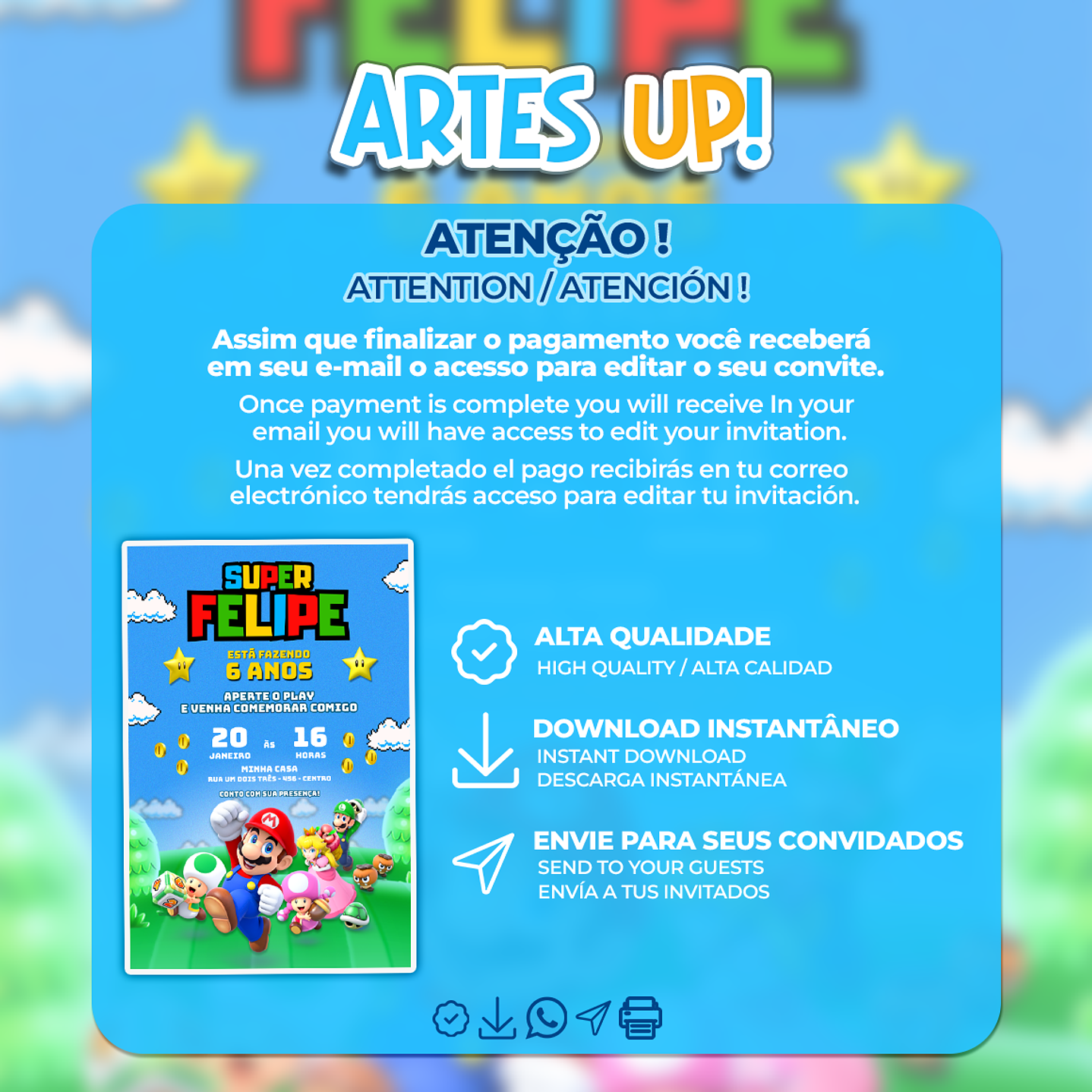 Convite de Aniversário Super Mario Bros 2