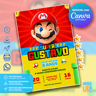 Convite de Aniversário Super Mario Bros