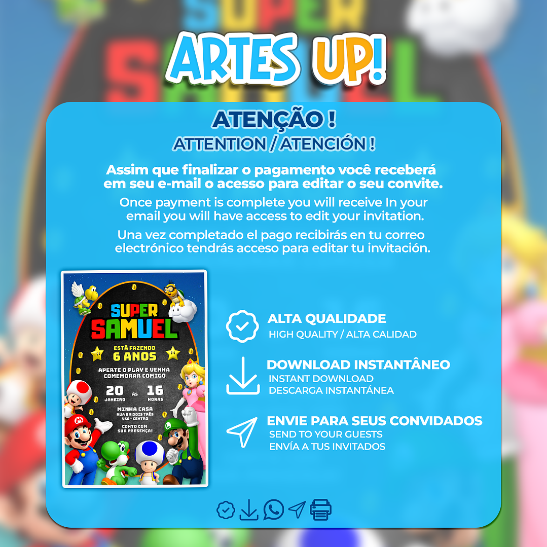 Convite de Aniversário Super Mario Bros 2