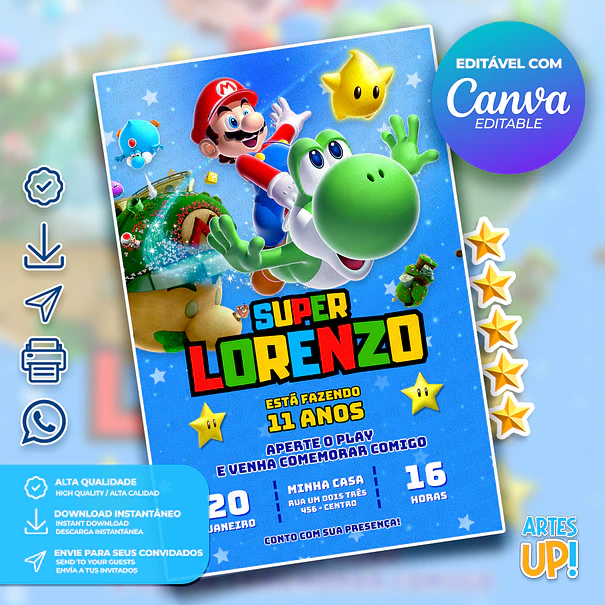 Convite de Aniversário Super Mario Bros 1