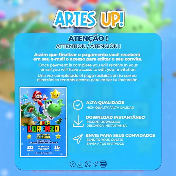 Convite de Aniversário Super Mario Bros 2
