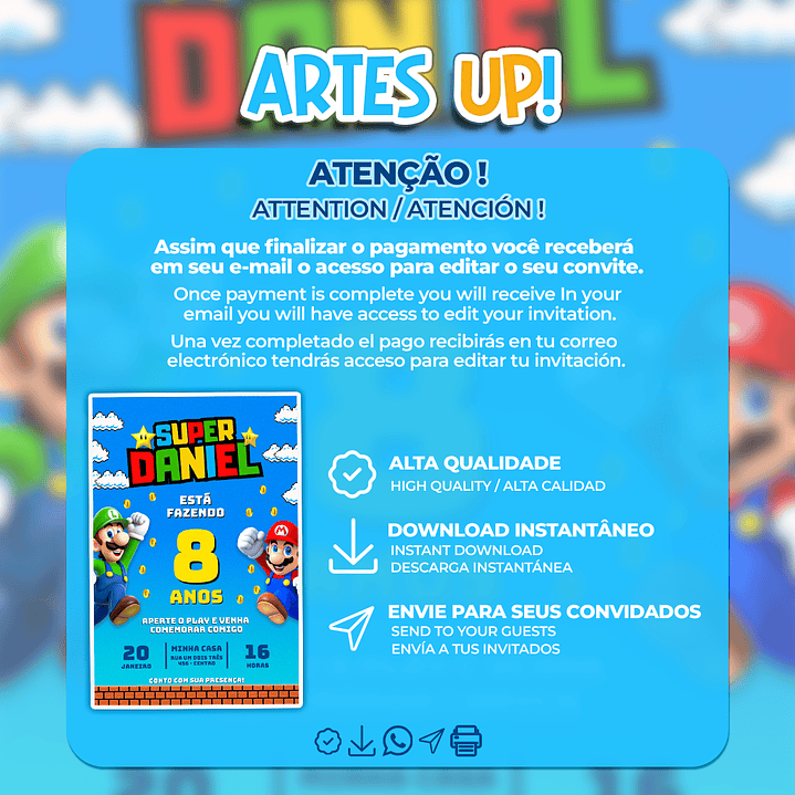 Convite de Aniversário Super Mario Bros 2