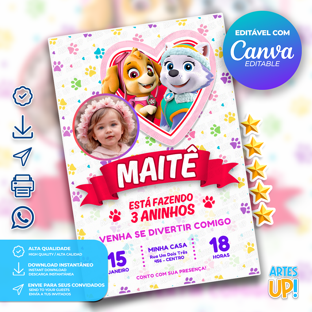 Convite de Aniversário Skye e Everest Patrulha Canina com foto 1