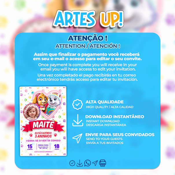 Convite de Aniversário Skye e Everest Patrulha Canina com foto 2