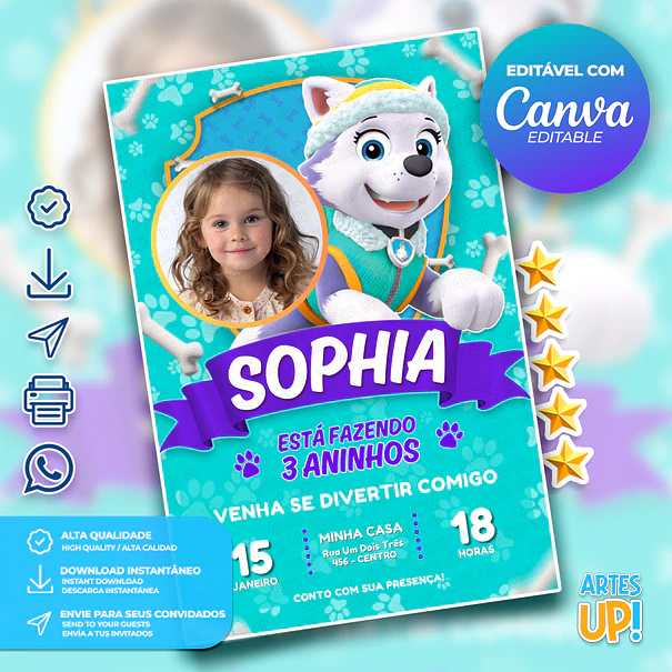 Convite de Aniversário Everest Patrulha Canina com foto 1