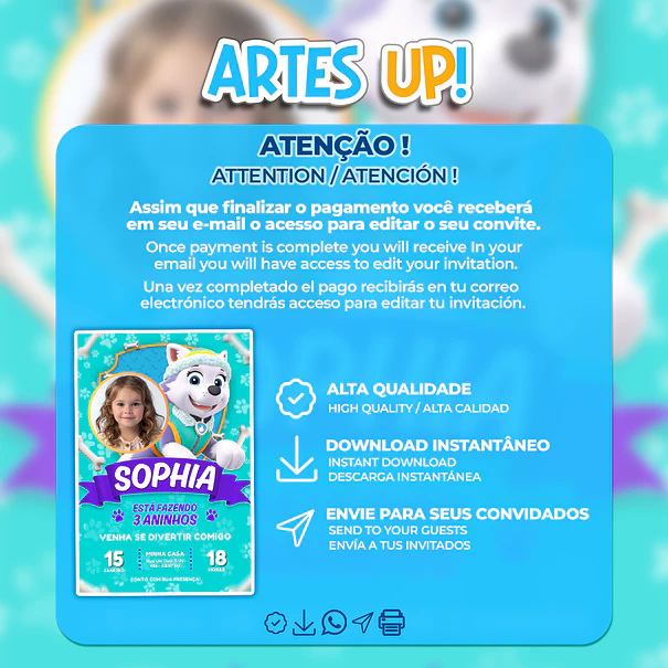 Convite de Aniversário Everest Patrulha Canina com foto 2