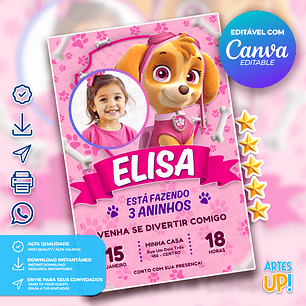 Convite de Aniversário Skye Patrulha Canina com foto