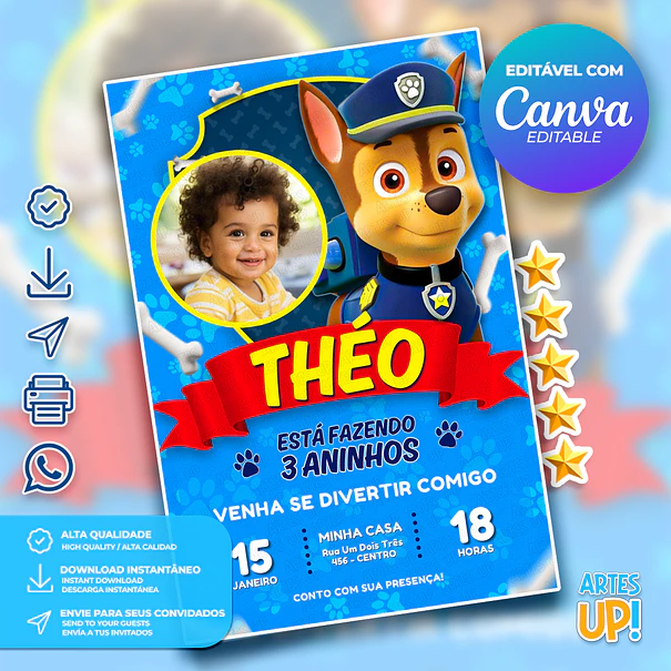 Chase Paw Patrol Birthday Invitation with Photo 1