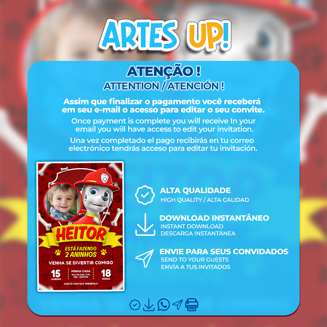 Convite de Aniversário Marshall Patrulha Canina com foto 2