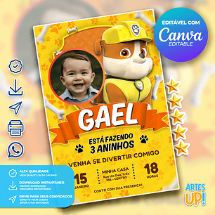 Convite de Aniversário Rubble Patrulha Canina com foto