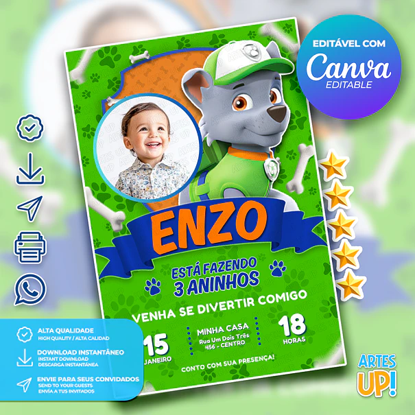 Rocky Paw Patrol Birthday Invitation with Photo 1