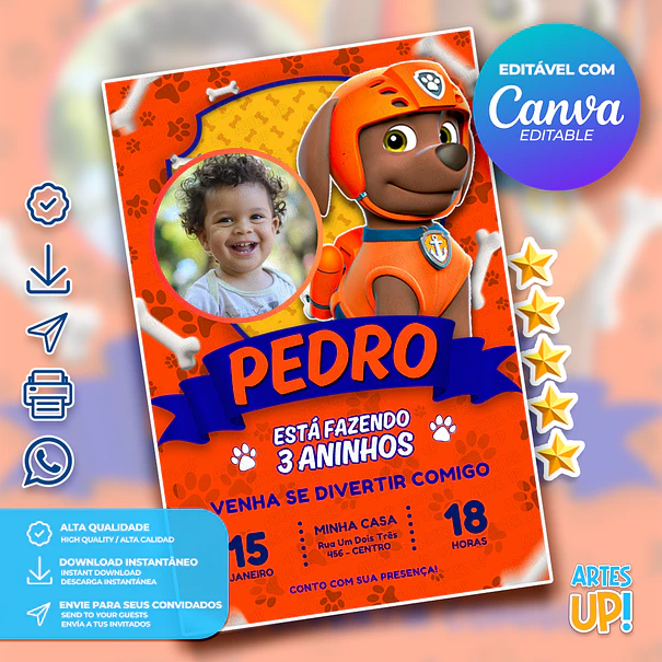 Convite de Aniversário Zuma Patrulha Canina com foto 1