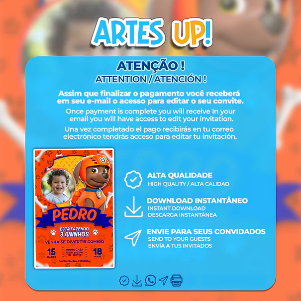 Convite de Aniversário Zuma Patrulha Canina com foto 2