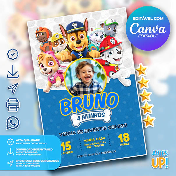 Convite de Aniversário Patrulha Canina com foto 1