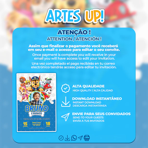 Convite de Aniversário Patrulha Canina com foto 2
