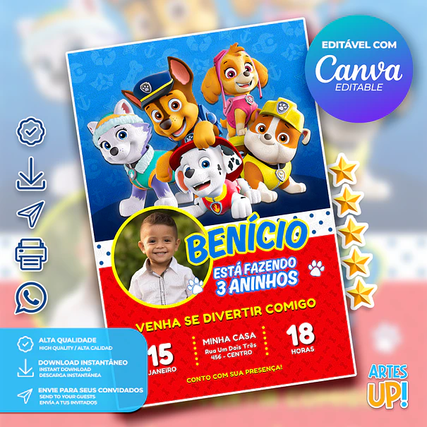 Convite de Aniversário Patrulha Canina com foto 1
