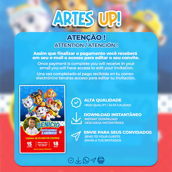 Convite de Aniversário Patrulha Canina com foto 2