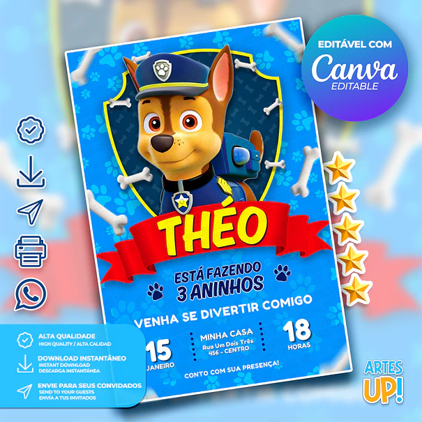 Convite de Aniversário Chase Patrulha Canina 1