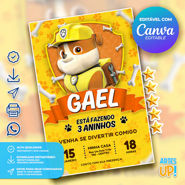 Convite de Aniversário Rubble Patrulha Canina 1