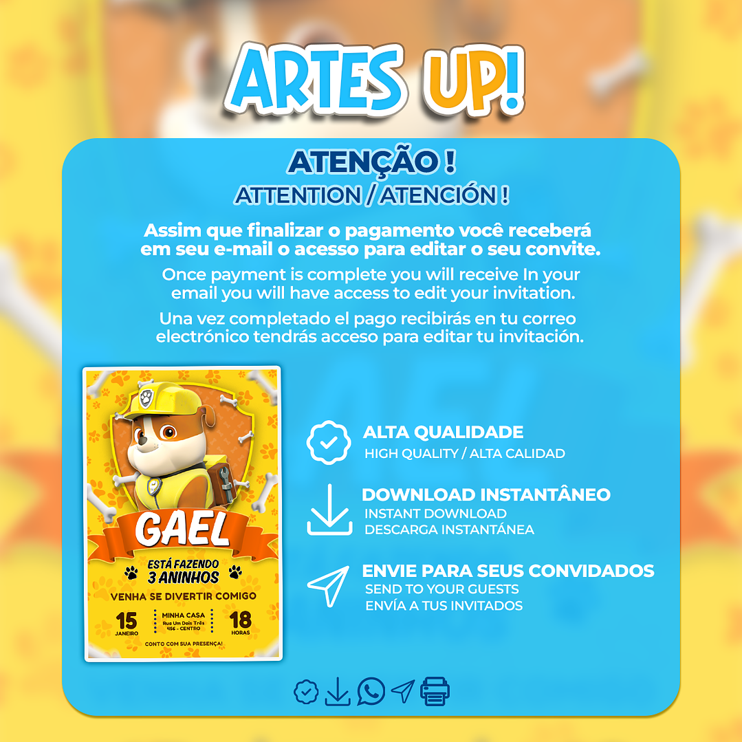 Convite de Aniversário Rubble Patrulha Canina 2
